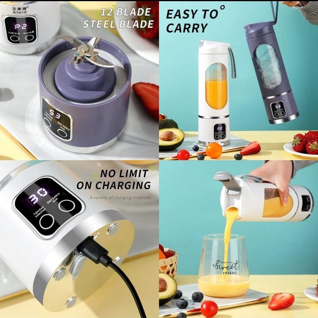 Portable USB Rechargeable 12 Blade Electric Juicer Blender - 400ml Travel Smoothie Blender with Digital Display